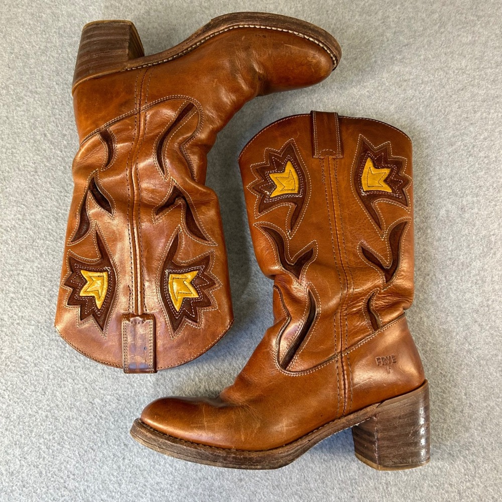 FRYE Sabrina Floral Inlay Campus Boots Brown Leather Western Womens Size 8B Vntg - Picture 2 of 16